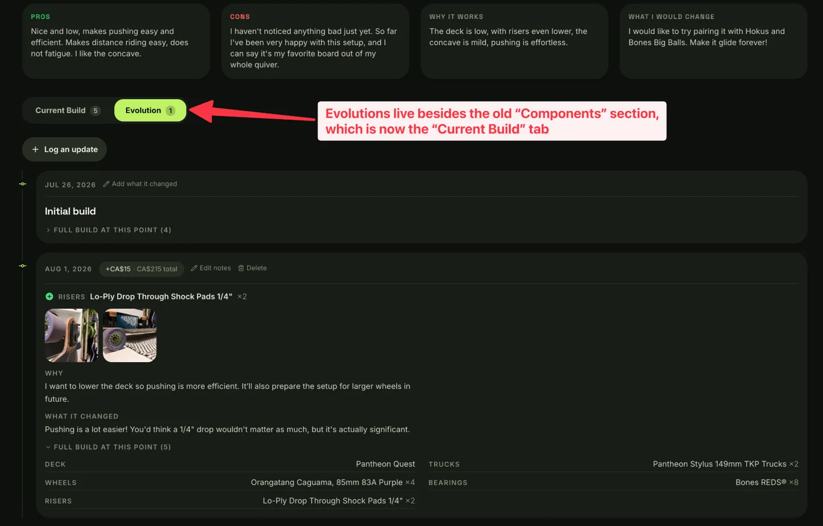 A new Evolution tab on the setup page that renders a timeline of all the changes done to that setup